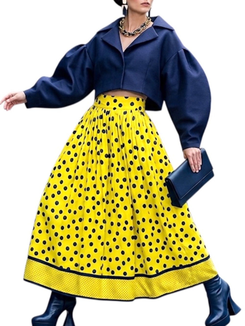 Vintage 80s 90s bright yellow navy blue polka dot retro full maxi skirt 4